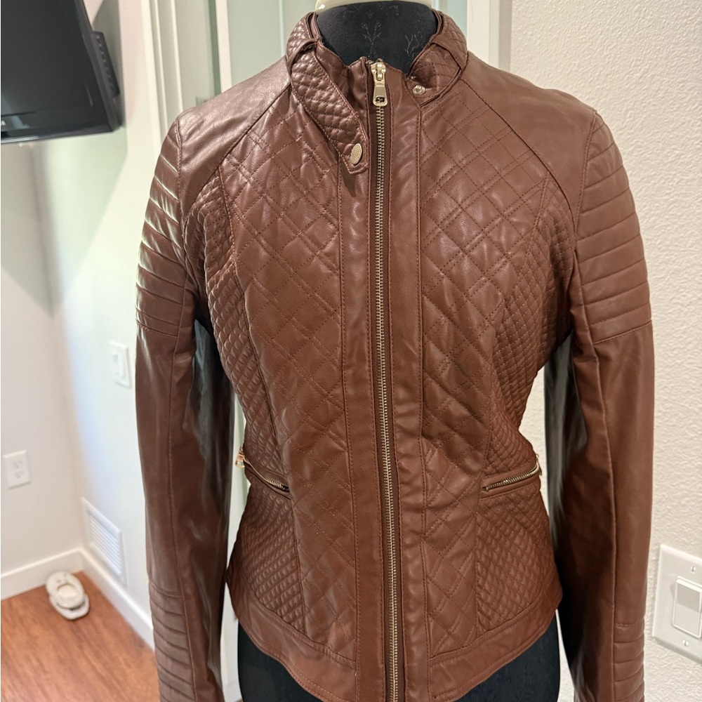Ci Sono Quilted Leather Jacket in Rich Brown